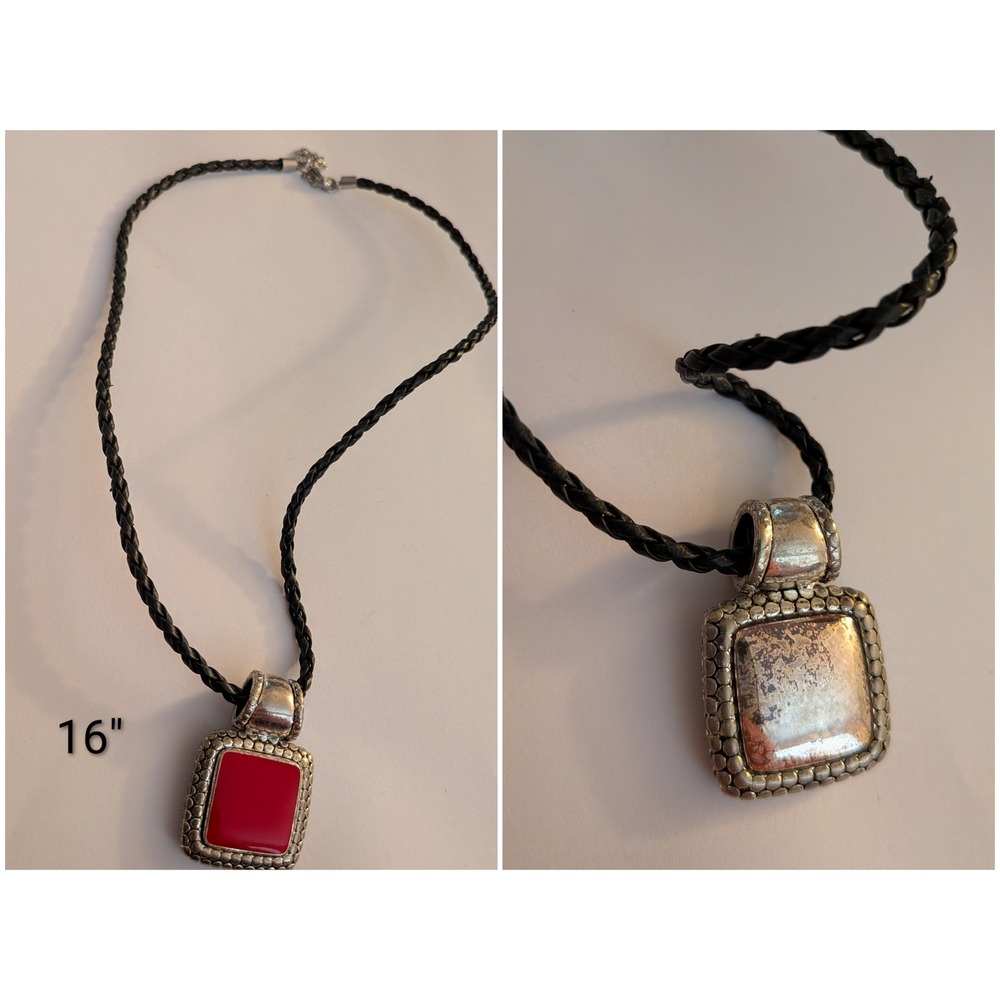 Reversible Red Enamel Square Pendant Braided Black Leather Cord Necklace 16in